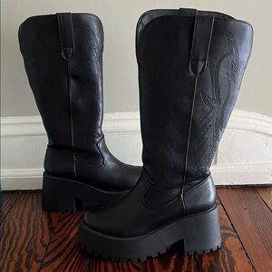 Black Platform Knee-High Cowboy Boots
